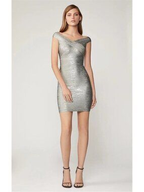 NWT $1290 Herve Leger Off Shoulder Bandage Dress Silver Foil Size XL